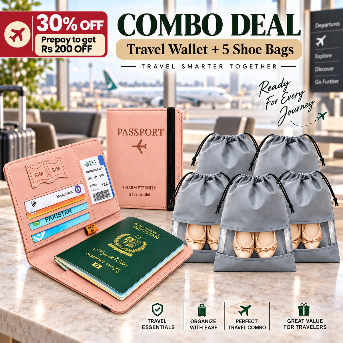 Travel Wallet + Shoes Bags Combo Deal
