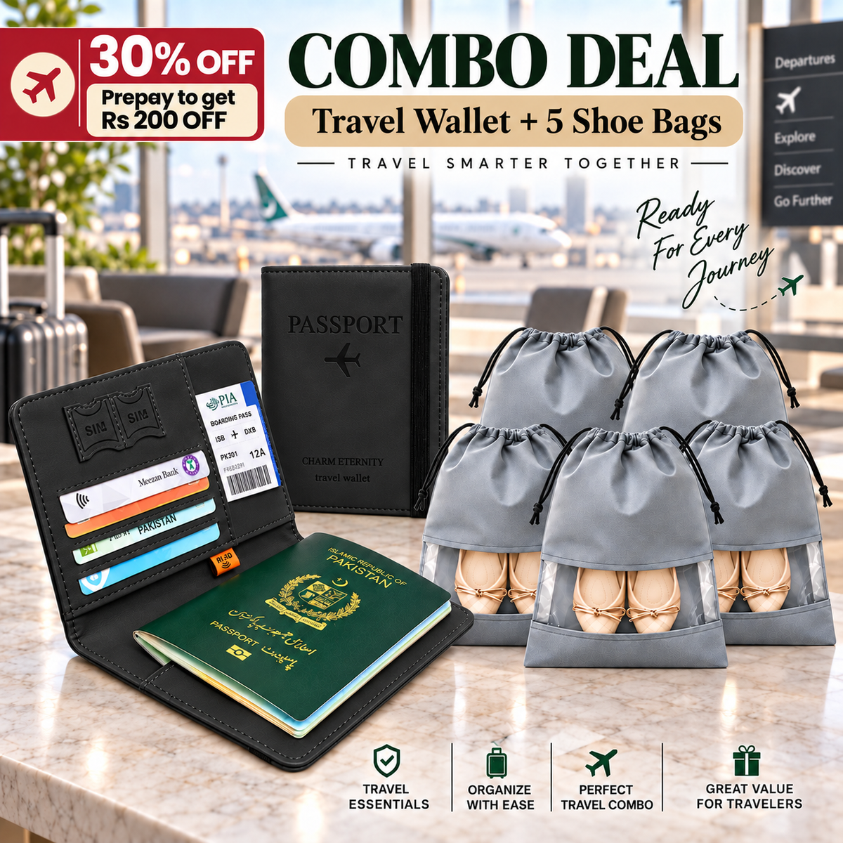 Travel Wallet + Shoes Bags Combo Deal