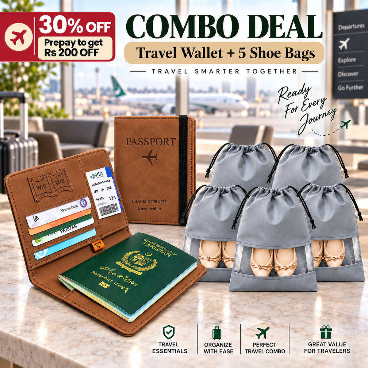 Travel Wallet + Shoes Bags Combo Deal